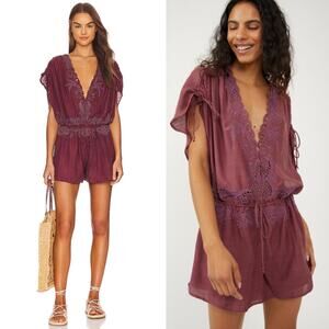 Free People Burgundy Lace Trim Romper